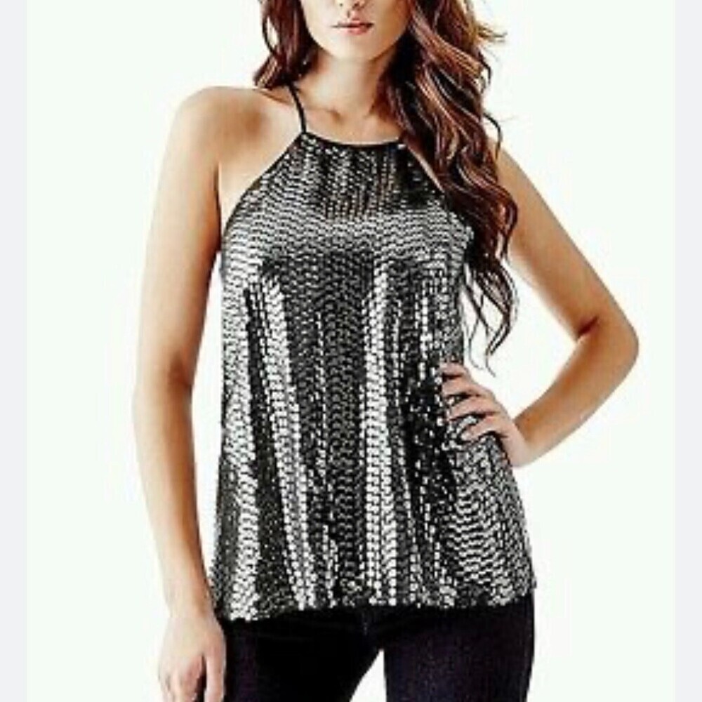 GUESS Sequin Mixed Cami size SM Metallic halter style shiny disco top shirt